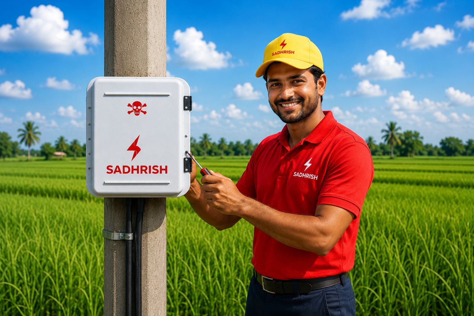 Technician installing an SMC agricultural panel box on a pole